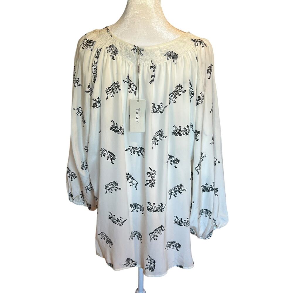 Tucker NYC White Black Long Sleeve Silk Leopard Print Blouse Flowy Boho Size XL - Picture 2 of 6